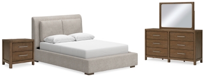 Cabalynn Queen Upholstered Bed with Mirrored Dresser and Nightstand, Light Brown, large