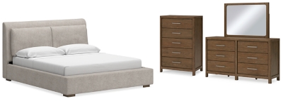 Cabalynn King Upholstered Bed with Mirrored Dresser and Chest, Light Brown