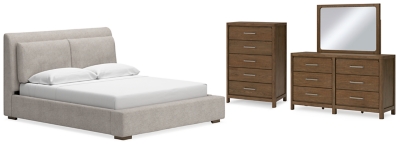 Cabalynn California King Upholstered Bed with Mirrored Dresser and Chest, Light Brown