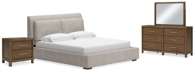 Cabalynn California King Upholstered Bed with Mirrored Dresser and Nightstand, Light Brown, large