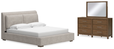Cabalynn California King Upholstered Bed with Mirrored Dresser, Light Brown, large