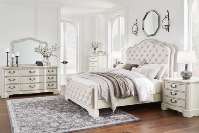 Arlendyne Queen Upholstered Bed with Mirrored Dresser, Chest and 2 Nightstands, Antique White