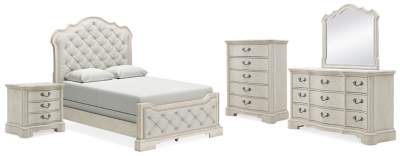 Arlendyne Queen Upholstered Bed with Mirrored Dresser, Chest and Nightstand, Antique White