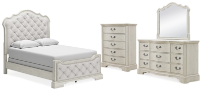 Arlendyne Queen Upholstered Bed with Mirrored Dresser and Chest, Antique White