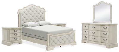 Arlendyne Queen Upholstered Bed with Mirrored Dresser and 2 Nightstands, Antique White