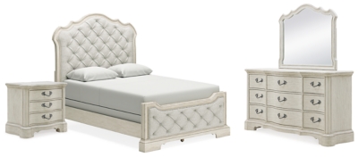 Arlendyne Queen Upholstered Bed with Mirrored Dresser and Nightstand, Antique White