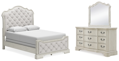 Arlendyne Queen Upholstered Bed with Mirrored Dresser, Antique White