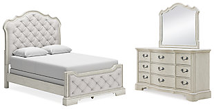 Arlendyne Queen Upholstered Bed with Mirrored Dresser, Antique White, large