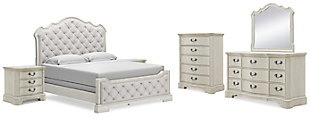 Arlendyne California King Upholstered Bed with Mirrored Dresser, Chest and 2 Nightstands, Antique White, large