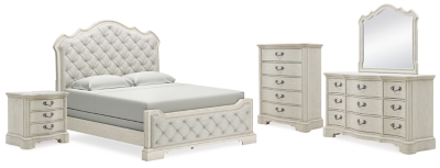 Arlendyne California King Upholstered Bed with Mirrored Dresser, Chest and Nightstand, Antique White