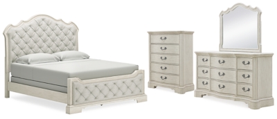 Arlendyne California King Upholstered Bed with Mirrored Dresser and Chest, Antique White