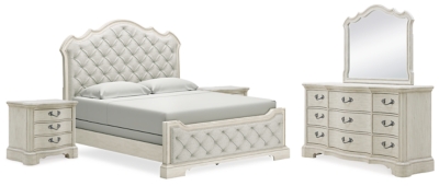 Arlendyne California King Upholstered Bed with Mirrored Dresser and 2 Nightstands, Antique White