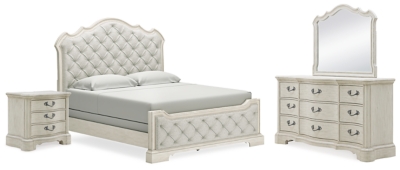 Arlendyne California King Upholstered Bed with Mirrored Dresser and Nightstand, Antique White