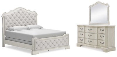 Arlendyne California King Upholstered Bed with Mirrored Dresser, Antique White