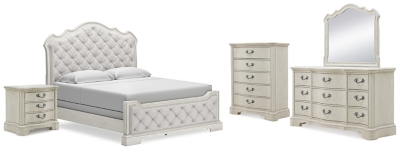 Arlendyne King Upholstered Bed with Mirrored Dresser, Chest and Nightstand, Antique White