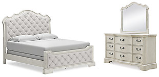 Arlendyne King Upholstered Bed with Mirrored Dresser, Antique White, large