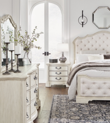 Arlendyne King Upholstered Bed with Mirrored Dresser and Nightstand, Antique White, rollover