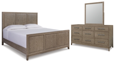 Chrestner Queen Panel Bed with Mirrored Dresser, Gray