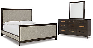 Burkhaus Queen Upholstered Bed with Mirrored Dresser, Brown, large