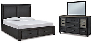 Foyland California King Panel Storage Bed with Mirrored Dresser, Black/Brown, large