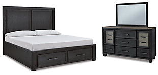 Foyland King Panel Storage Bed with Mirrored Dresser, Black/Brown, large