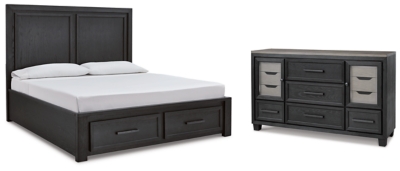 Foyland Queen Panel Storage Bed with Dresser, Black/Brown, large