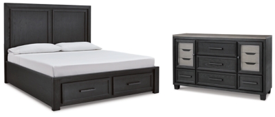 Foyland California King Panel Storage Bed with Dresser, Black/Brown, large