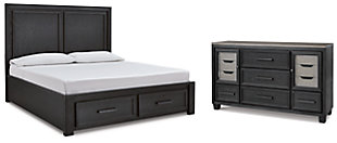 Foyland King Panel Storage Bed with Dresser, Black/Brown, large