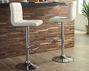 Here's a bar stool that rises to the occasion. It is sleek and modern with a chrome-tone finish. Square-tufted, bone-colored faux leather upholstery makes this barstool pop. It easily adjusts from counter to pub height making it as versatile as it is attractive. This tall swivel barstool is a perfect seat for any trendy home bar or game room.360-degree swivel | Chrome-tone tubular metal base | Cushioned seat with faux leather upholstery | Adjustable height (moves from counter to pub height) | Footrest and weighted pedestal base | Assembly required | Excluded from promotional discounts and coupons | Estimated Assembly Time: 15 Minutes
