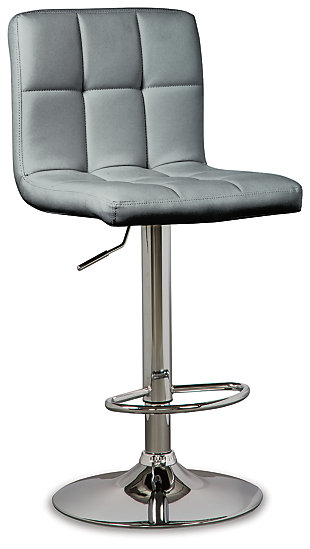 If you’re looking to elevate your look in a high-design way, the Bellatier bar stool brilliantly rises to the occasion. It's quality made with sturdy tubular steel enriched with a sleek and modern chrome-tone finish. Square-tufted gray faux leather upholstery makes this bar stool right on trend. It easily adjusts from counter to pub height making it as versatile as it is attractive. This tall swivel bar stool is a perfect seat for any trendy home bar or game room.Sturdy steel frame in chrome-tone finish | Cushioned seat with gray faux leather upholstery | Adjustable height (moves from counter to pub height) | Footrest and weighted pedestal base | 360-degree swivel | Assembly required | Estimated Assembly Time: 30 Minutes
