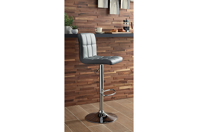 If you’re looking to elevate your look in a high-design way, the Bellatier bar stool brilliantly rises to the occasion. It's quality made with sturdy tubular steel enriched with a sleek and modern chrome-tone finish. Square-tufted gray faux leather upholstery makes this bar stool right on trend. It easily adjusts from counter to pub height making it as versatile as it is attractive. This tall swivel bar stool is a perfect seat for any trendy home bar or game room.Sturdy steel frame in chrome-tone finish | Cushioned seat with gray faux leather upholstery | Adjustable height (moves from counter to pub height) | Footrest and weighted pedestal base | 360-degree swivel | Assembly required | Estimated Assembly Time: 30 Minutes