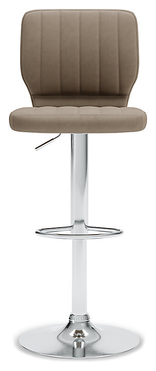 Have a taste for highly contemporary style? You’re sure to find the posh and polished Pollzen bar stool something to savor. Crafted with a sturdy steel frame beautified with a brilliant chrome-tone finish, this designer bar stool caters to your comfort with an adjustable height feature and swivel pedestal base. The cushioned seat and backrest are covered in a feel-good taupe faux leather upholstery with channeled details that enhance its modern appeal.Sturdy steel frame with chrome-tone finish | Taupe faux leather upholstery | Foam cushioned seat | Channel stitched details | Swivel pedestal base | Adjustable height | Comfortable footrest | Assembly required | Estimated Assembly Time: 30 Minutes
