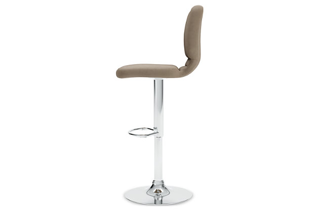 Have a taste for highly contemporary style? You’re sure to find the posh and polished Pollzen bar stool something to savor. Crafted with a sturdy steel frame beautified with a brilliant chrome-tone finish, this designer bar stool caters to your comfort with an adjustable height feature and swivel pedestal base. The cushioned seat and backrest are covered in a feel-good taupe faux leather upholstery with channeled details that enhance its modern appeal.Sturdy steel frame with chrome-tone finish | Taupe faux leather upholstery | Foam cushioned seat | Channel stitched details | Swivel pedestal base | Adjustable height | Comfortable footrest | Assembly required | Estimated Assembly Time: 30 Minutes