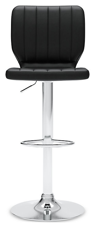 Have a taste for highly contemporary style? You’re sure to find the posh and polished Pollzen bar stool something to savor. Crafted with a sturdy steel frame beautified with a brilliant chrome-tone finish, this designer bar stool caters to your comfort with an adjustable height feature and swivel pedestal base. The cushioned seat and backrest are covered in a feel-good black faux leather upholstery with channeled details that enhance its modern appeal.Sturdy steel frame with chrome-tone finish | Black faux leather upholstery | Foam cushioned seat | Channel stitched details | Swivel pedestal base | Adjustable height | Comfortable footrest | Assembly required | Estimated Assembly Time: 30 Minutes