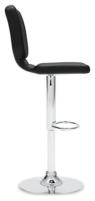 Have a taste for highly contemporary style? You’re sure to find the posh and polished Pollzen bar stool something to savor. Crafted with a sturdy steel frame beautified with a brilliant chrome-tone finish, this designer bar stool caters to your comfort with an adjustable height feature and swivel pedestal base. The cushioned seat and backrest are covered in a feel-good black faux leather upholstery with channeled details that enhance its modern appeal.Sturdy steel frame with chrome-tone finish | Black faux leather upholstery | Foam cushioned seat | Channel stitched details | Swivel pedestal base | Adjustable height | Comfortable footrest | Assembly required | Estimated Assembly Time: 30 Minutes