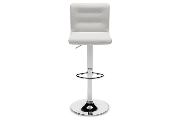 Have a taste for highly contemporary style? You’re sure to find the posh and polished Pollzen bar stool something to savor. Crafted with a sturdy steel frame beautified with a brilliant chrome-tone finish, this designer bar stool caters to your comfort with an adjustable height feature and swivel pedestal base. The cushioned seat and backrest are covered in a feel-good stone color upholstery with channeled details that enhance its modern appeal.Sturdy steel frame in chrome-tone finish | Stone color woven polyester upholstery over foam cushioned seat | Channel stitched details | Swivel pedestal base | Adjustable height | Comfortable footrest | Assembly required | Estimated Assembly Time: 30 Minutes