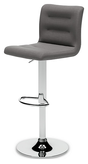 Have a taste for highly contemporary style? You’re sure to find the posh and polished Pollzen bar stool something to savor. Crafted with a sturdy steel frame beautified with a brilliant chrome-tone finish, this designer bar stool caters to your comfort with an adjustable height feature and swivel pedestal base. The cushioned seat and backrest are covered in a feel-good gray woven upholstery with channeled details that enhance its modern appeal.Sturdy steel frame in chrome-tone finish | Gray woven polyester upholstery over foam cushioned seat | Channel stitched details | Swivel pedestal base | Adjustable height | Comfortable footrest | Assembly required | Estimated Assembly Time: 30 Minutes