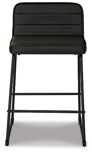 Serve up an ultra-contemporary look at a comfortably cool price with the Nerison low back bar stool. Sleek yet sturdy bar stool includes black tubular metal legs, comfortably cushioned seats wrapped in a sleek, black faux leather with distinctive horizontal channel detailing for a deliciously upscale aesthetic.Made of metal | Black finish | Foam padding | Faux leather upholstery with channel-stitched detail | Assembly required | Estimated Assembly Time: 30 Minutes