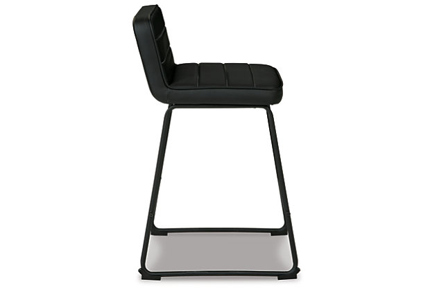 Serve up an ultra-contemporary look at a comfortably cool price with the Nerison low back bar stool. Sleek yet sturdy bar stool includes black tubular metal legs, comfortably cushioned seats wrapped in a sleek, black faux leather with distinctive horizontal channel detailing for a deliciously upscale aesthetic.Made of metal | Black finish | Foam padding | Faux leather upholstery with channel-stitched detail | Assembly required | Estimated Assembly Time: 30 Minutes