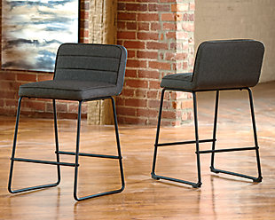 Serve up an ultra-contemporary look at a comfortably cool price with the Nerison low back bar stool. Sleek yet sturdy bar stool includes black tubular metal legs, comfortably cushioned seats wrapped in a gray woven upholstery and distinctive horizontal channel tufting for a deliciously upscale aesthetic.Made of metal | Black finish | Foam padding | Textured polyester upholstery with channel-stitched detail | Assembly required | Estimated Assembly Time: 30 Minutes