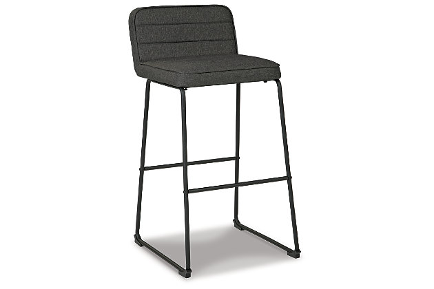 Serve up an ultra-contemporary look at a comfortably cool price with the Nerison low back bar stool. Sleek yet sturdy tall bar stool includes black tubular metal legs, comfortably cushioned seats wrapped in a gray woven upholstery and distinctive horizontal channel tufting for a deliciously upscale aesthetic.Made of metal | Black finish | Foam padding | Textured polyester upholstery with channel-stitched detail | Assembly required | Estimated Assembly Time: 30 Minutes