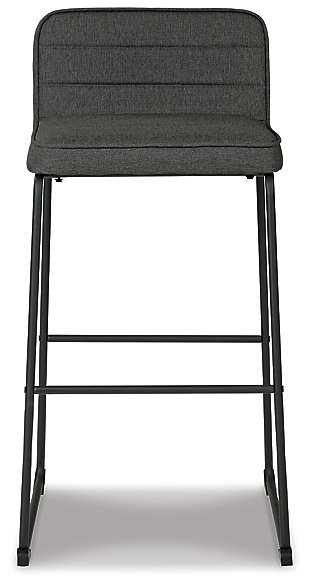 Serve up an ultra-contemporary look at a comfortably cool price with the Nerison low back bar stool. Sleek yet sturdy tall bar stool includes black tubular metal legs, comfortably cushioned seats wrapped in a gray woven upholstery and distinctive horizontal channel tufting for a deliciously upscale aesthetic.Made of metal | Black finish | Foam padding | Textured polyester upholstery with channel-stitched detail | Assembly required | Estimated Assembly Time: 30 Minutes