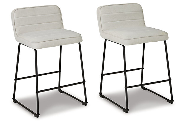 Serve up an ultra-contemporary look at a comfortably cool price with the Nerison low back bar stool. Sleek yet sturdy bar stool includes black tubular metal legs, comfortably cushioned seats wrapped in a white woven upholstery and distinctive horizontal channel tufting for a deliciously upscale aesthetic.Made of metal | Black finish | Foam padding | Textured polyester upholstery with channel-stitched detail | Assembly required | Estimated Assembly Time: 30 Minutes