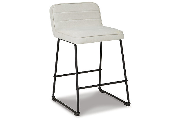 Serve up an ultra-contemporary look at a comfortably cool price with the Nerison low back bar stool. Sleek yet sturdy bar stool includes black tubular metal legs, comfortably cushioned seats wrapped in a white woven upholstery and distinctive horizontal channel tufting for a deliciously upscale aesthetic.Made of metal | Black finish | Foam padding | Textured polyester upholstery with channel-stitched detail | Assembly required | Estimated Assembly Time: 30 Minutes