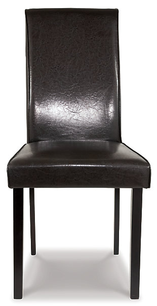 Our fresh version of the classic Parsons is updated with a sleek high back and cool faux leather upholstery. Comfortable cushioning makes it a chair you'll want to linger in long after the meal.Cushioned seat and back | Polyester/cotton upholstery | Wood frame | Assembly required | Frame with black finish | Excluded from promotional discounts and coupons | Estimated Assembly Time: 30 Minutes