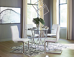 Wowing with an open and airy but sturdy profile, the Madanere 5-piece dining room set is sure to whet your appetite for ultra-contemporary style. Sporting a chrome-tone finish for a high-sheen effect, the table’s hexagonal metal base is striking from every angle. Clear glass top rounds out the look with sheer simplicity. The chair’s sculptural C-frame design and comfortably contoured faux leather seat will have you lingering at the table long after the meal is done.Includes dining table and 4 chairs | Metal frame in chrome-tone finish | Assembly required | Table has clear, tempered glass top with beveled edge | Table seats 4 | Chair has cushioned seat with grid tufting | Polyurethane (faux leather) upholstery | Estimated Assembly Time: 90 Minutes