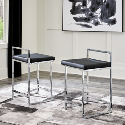 Madanere Counter Height Bar Stool with Upholstered Seat (Set of 2) Leather, Black/Chrome Finish