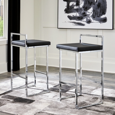 Madanere Bar Height Bar Stool with Upholstered Seat (Set of 2) Leather, Black/Chrome Finish