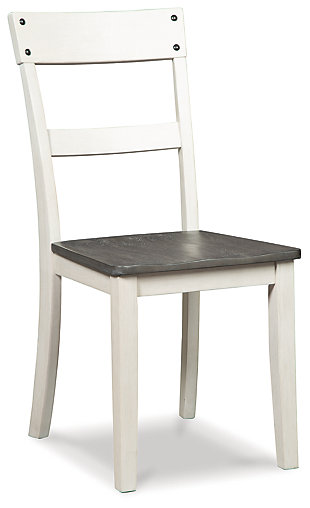 Nelling dining room chair has all the right ingredients for farmhouse-inspired style with a casual vibe. It’s beautifully crafted with a fresh white finish and a dark brown wood tone for gently weathered charm. Inset nail head accents add an industrial element.Made of wood | Two-tone finish (painted white and dark brown oak-tone) | Weathered gray wood grain texture | Metal nailhead accents | Assembly required | Estimated Assembly Time: 30 Minutes