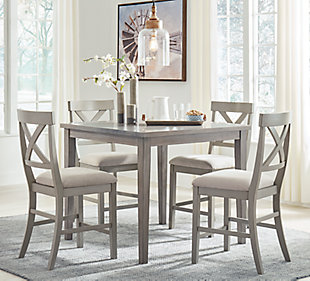 Bring a relaxed yet refined sense of good taste to a space with the casually cool Parellen dining set. Clean-lined frame sports a gray finish that’s so easy on the eyes. Topped by a durable melamine surface, the table’s an easy-living alternative to traditional wood tables. And with the look of reclaimed barn wood, this set is an inspired choice for modern farmhouse living.Includes counter height dining table and 4 counter height bar stools | Table made of engineered wood; tapered legs and gray finish | Tabletop made of melamine with a replicated barn wood effect | Stool made of wood in gray finish; light beige polyester upholstery; X-back design with tapered legs | Assembly required | Counter height  | Assembly required | Estimated Assembly Time: 135 Minutes